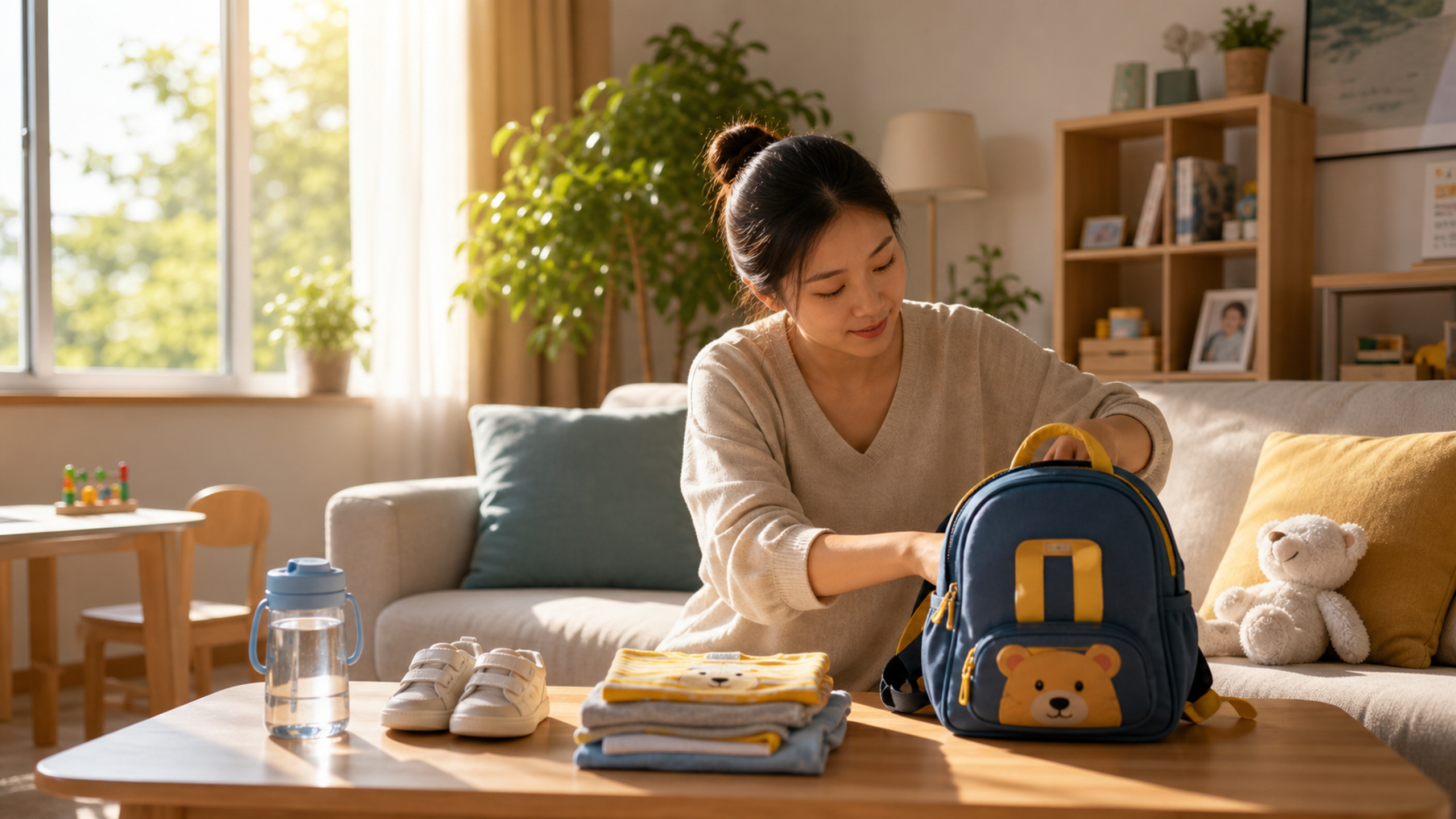 A photorealistic image of a young Chinese mother p