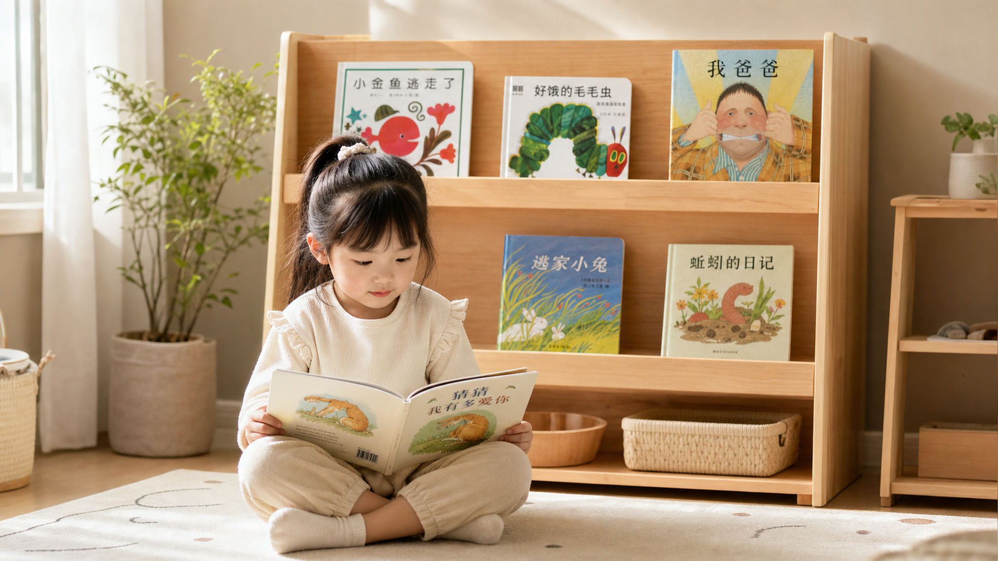 A cute 4-year-old Chinese little girl reading a pi