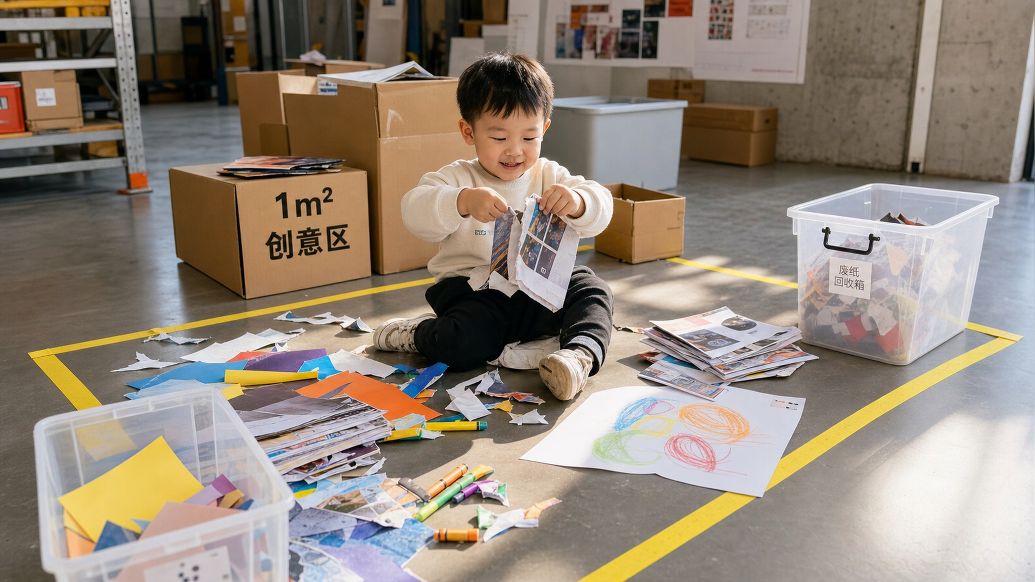 A cute Chinese toddler boy playing in a 1-square-m