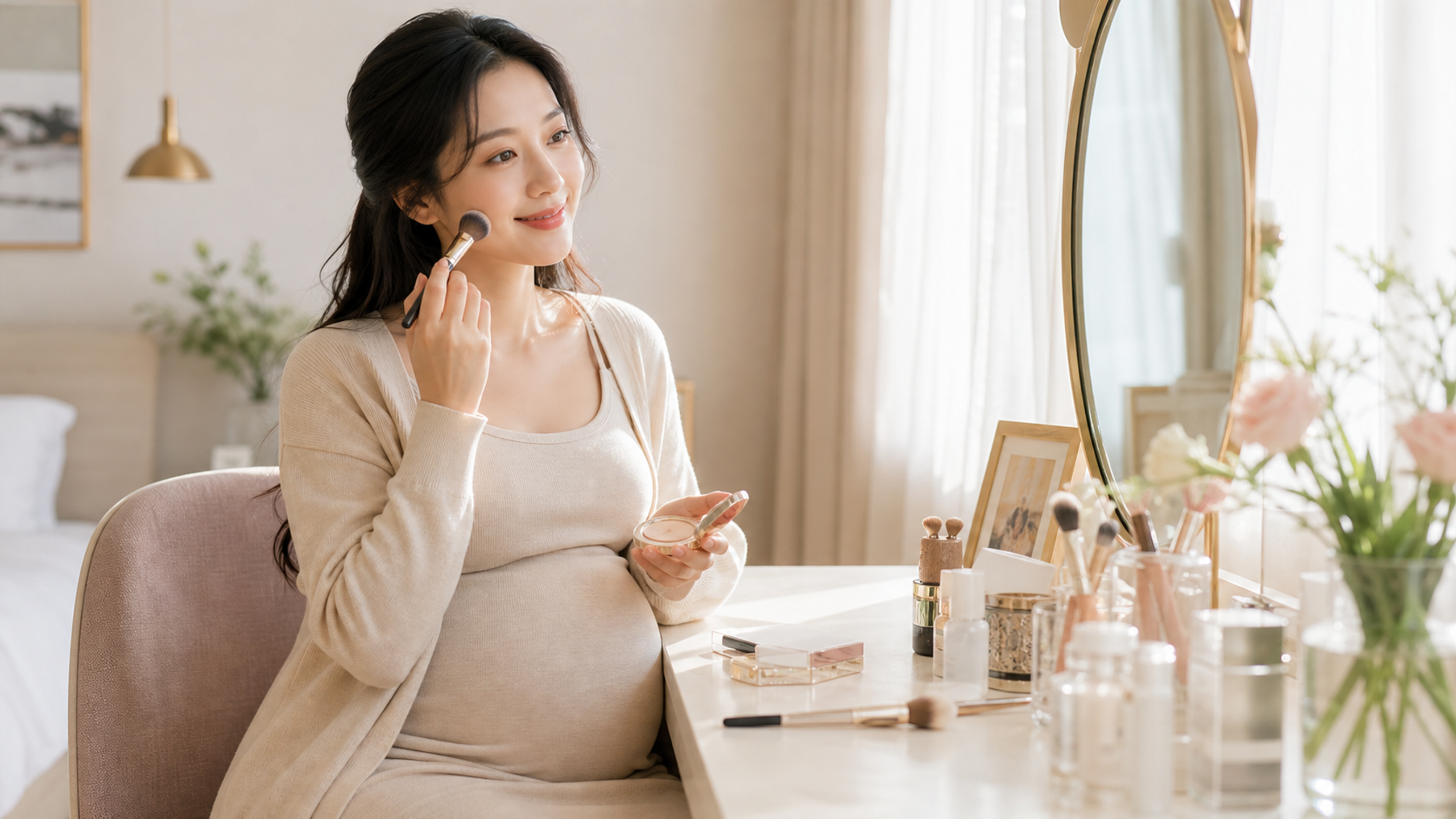 A beautiful Chinese pregnant woman sitting at a br