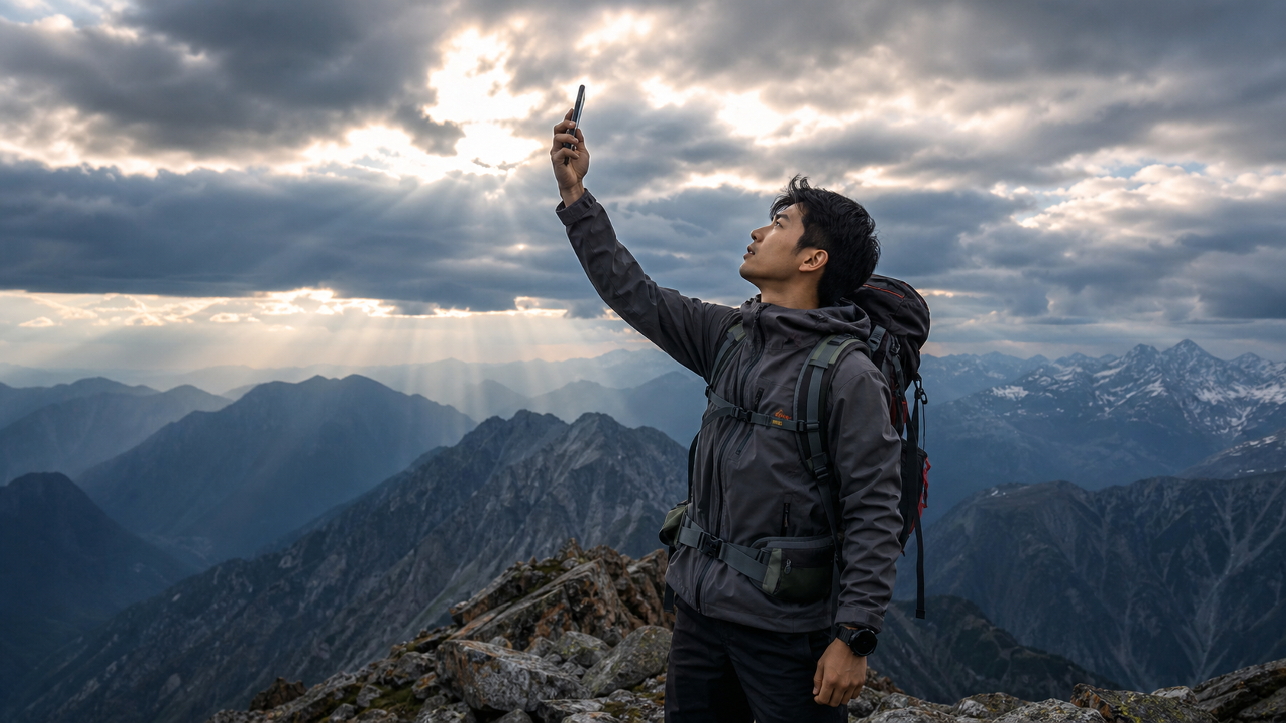A cinematic shot of a young Chinese hiker standing