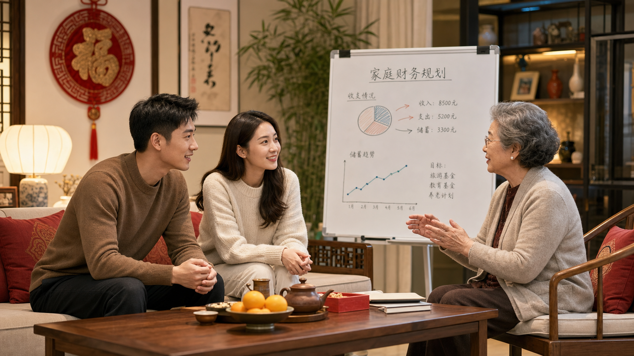 A warm and modern Chinese living room, a young Chi