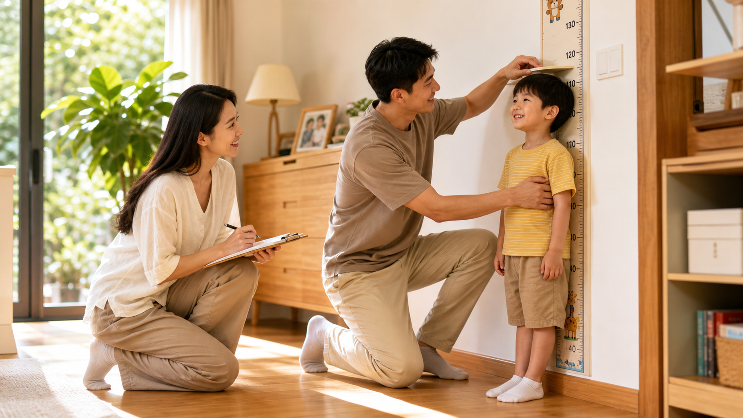 A warm and bright indoor scene, a Chinese father i